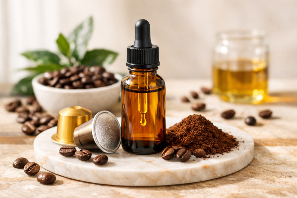 Coffee extract in a glass bottle with coffee beans